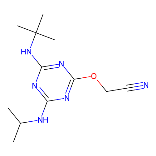 {[4-(Tert-butylamino)-6-(propan-2-ylamino)-1,3,5-triazin-2-yl]oxy}acetonitrile structure
