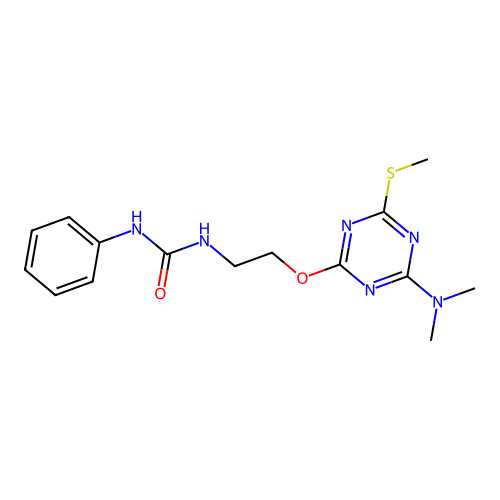 1-(2-((4-(dimethylamino)-6-(methylthio)-1,3,5-triazin-2-yl)oxy)ethyl)-3-phenylurea structure