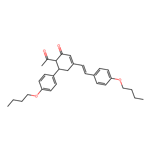 6-acetyl-5-(4-butoxyphenyl)-3-[(E)-2-(4-butoxyphenyl)ethenyl]cyclohex-2-en-1-one structure