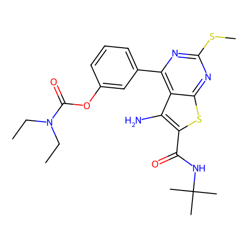 3-(5-Amino-6-(tert-butylcarbamoyl)-2-(methylthio)thieno[2,3-d]pyrimidin-4-yl)phenyl diethylcarbamate structure
