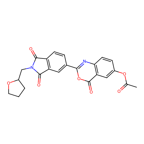 2-[1,3-dioxo-2-(tetrahydrofuran-2-ylmethyl)-2,3-dihydro-1H-isoindol-5-yl]-4-oxo-4H-3,1-benzoxazin-6-yl acetate structure