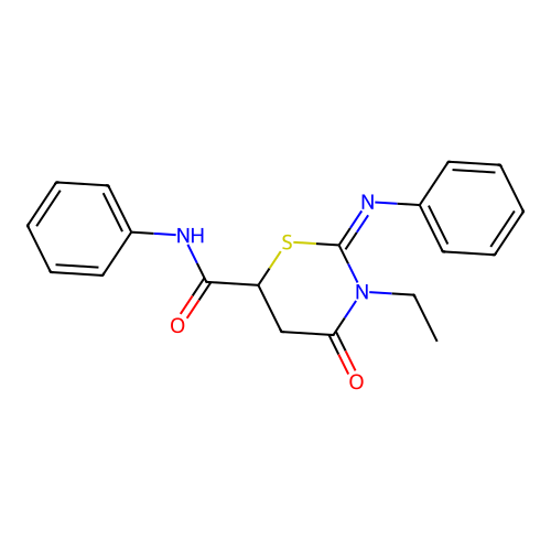 (2Z)-3-ethyl-4-oxo-N-phenyl-2-(phenylimino)-1,3-thiazinane-6-carboxamide structure
