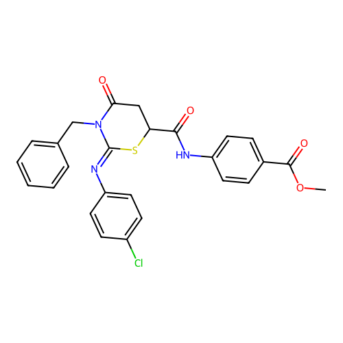 Methyl 4-[[3-benzyl-2-(4-chlorophenyl)imino-4-oxo-1,3-thiazinane-6-carbonyl]amino]benzoate structure