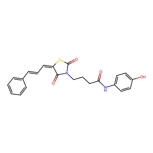 4-((E)-2,4-dioxo-5-((E)-3-phenylallylidene)thiazolidin-3-yl)-N-(4-hydroxyphenyl)butanamide structure
