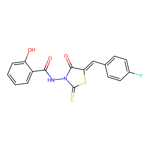 N-[(5Z)-5-(4-fluorobenzylidene)-4-oxo-2-thioxo-1,3-thiazolidin-3-yl]-2-hydroxybenzamide structure