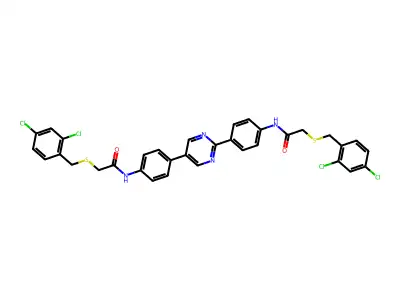 N,N'-(pyrimidine-2,5-diyldibenzene-4,1-diyl)bis{2-[(2,4-dichlorobenzyl)sulfanyl]acetamide} structure