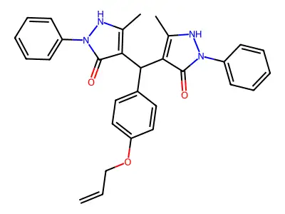 4,4'-((4-(allyloxy)phenyl)methylene)bis(3-methyl-1-phenyl-1H-pyrazol-5-ol) structure