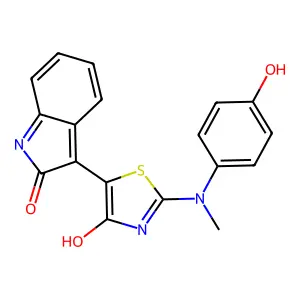 (E)-2-((4-hydroxyphenyl)(methyl)amino)-5-(2-oxoindolin-3-ylidene)thiazol-4(5H)-one structure