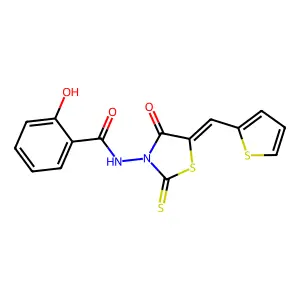 2-hydroxy-N-[(5Z)-4-oxo-5-(thiophen-2-ylmethylidene)-2-thioxo-1,3-thiazolidin-3-yl]benzamide structure