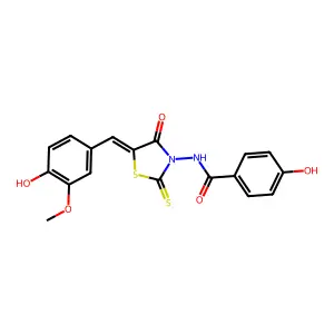 4-hydroxy-N-[(5Z)-5-(4-hydroxy-3-methoxybenzylidene)-4-oxo-2-thioxo-1,3-thiazolidin-3-yl]benzamide structure