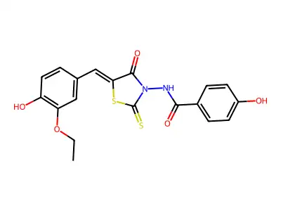 (Z)-N-(5-(3-ethoxy-4-hydroxybenzylidene)-4-oxo-2-thioxothiazolidin-3-yl)-4-hydroxybenzamide structure