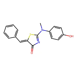 (5Z)-5-benzylidene-2-[(4-hydroxyphenyl)(methyl)amino]-1,3-thiazol-4(5H)-one structure