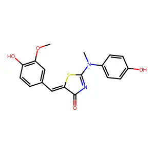 (5Z)-5-(4-hydroxy-3-methoxybenzylidene)-2-[(4-hydroxyphenyl)(methyl)amino]-1,3-thiazol-4(5H)-one structure