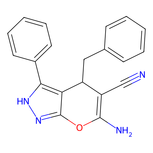 6-Amino-4-benzyl-3-phenyl-2,4-dihydropyrano[2,3-c]pyrazole-5-carbonitrile structure