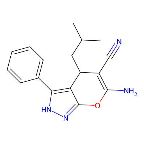 6-amino-4-(2-methylpropyl)-3-phenyl-2,4-dihydropyrano[2,3-c]pyrazole-5-carbonitrile structure