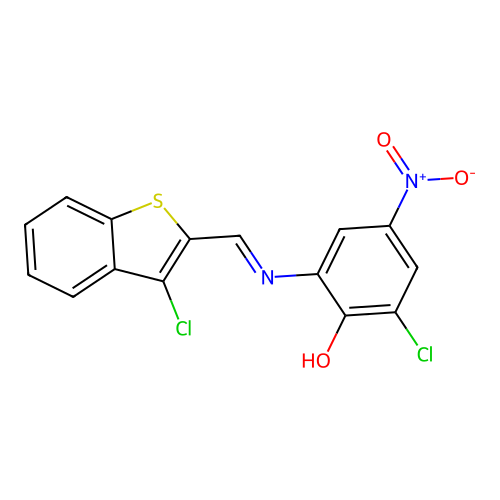 2-chloro-6-{[(E)-(3-chloro-1-benzothiophen-2-yl)methylidene]amino}-4-nitrophenol structure