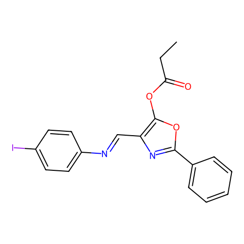 4-{(E)-[(4-iodophenyl)imino]methyl}-2-phenyl-1,3-oxazol-5-yl propanoate structure