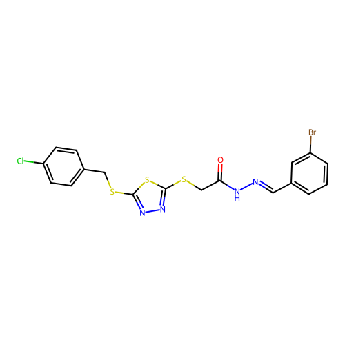 N'-[(E)-(3-bromophenyl)methylidene]-2-({5-[(4-chlorobenzyl)sulfanyl]-1,3,4-thiadiazol-2-yl}sulfanyl)acetohydrazide structure