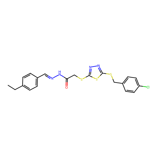 2-({5-[(4-chlorobenzyl)sulfanyl]-1,3,4-thiadiazol-2-yl}sulfanyl)-N'-[(E)-(4-ethylphenyl)methylidene]acetohydrazide structure