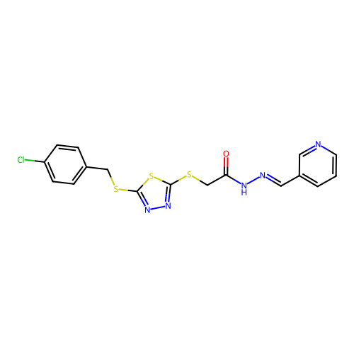 2-({5-[(4-chlorobenzyl)sulfanyl]-1,3,4-thiadiazol-2-yl}sulfanyl)-N'-[(E)-pyridin-3-ylmethylidene]acetohydrazide structure