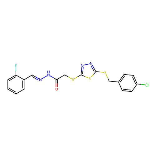 2-({5-[(4-chlorobenzyl)sulfanyl]-1,3,4-thiadiazol-2-yl}sulfanyl)-N'-[(E)-(2-fluorophenyl)methylidene]acetohydrazide structure