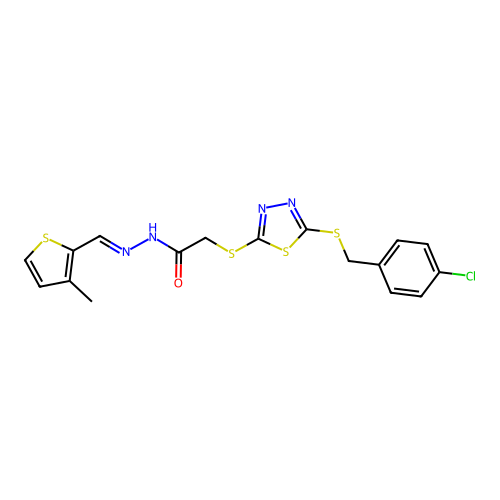 2-({5-[(4-chlorobenzyl)sulfanyl]-1,3,4-thiadiazol-2-yl}sulfanyl)-N'-[(E)-(3-methylthiophen-2-yl)methylidene]acetohydrazide structure