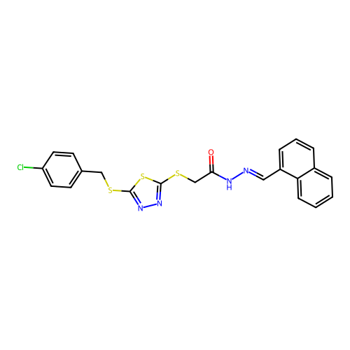 2-({5-[(4-chlorobenzyl)sulfanyl]-1,3,4-thiadiazol-2-yl}sulfanyl)-N'-[(E)-naphthalen-1-ylmethylidene]acetohydrazide structure