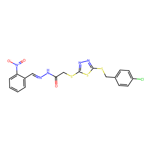 (E)-2-((5-((4-chlorobenzyl)thio)-1,3,4-thiadiazol-2-yl)thio)-N'-(2-nitrobenzylidene)acetohydrazide structure