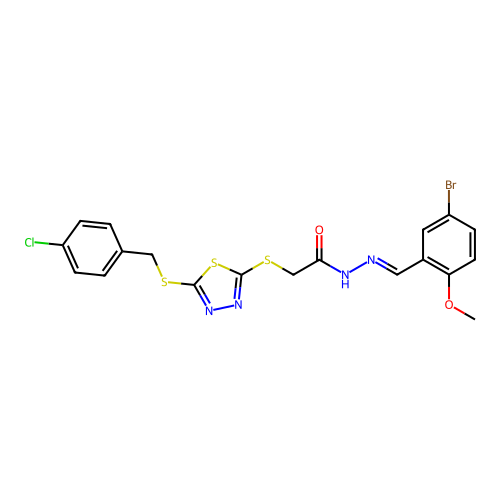 N'-[(E)-(5-bromo-2-methoxyphenyl)methylidene]-2-({5-[(4-chlorobenzyl)sulfanyl]-1,3,4-thiadiazol-2-yl}sulfanyl)acetohydrazide structure