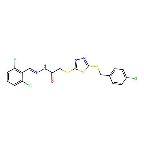 2-({5-[(4-chlorobenzyl)sulfanyl]-1,3,4-thiadiazol-2-yl}sulfanyl)-N'-[(E)-(2-chloro-6-fluorophenyl)methylidene]acetohydrazide structure