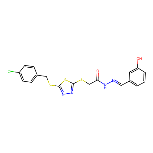 2-({5-[(4-chlorobenzyl)sulfanyl]-1,3,4-thiadiazol-2-yl}sulfanyl)-N'-[(E)-(3-hydroxyphenyl)methylidene]acetohydrazide structure