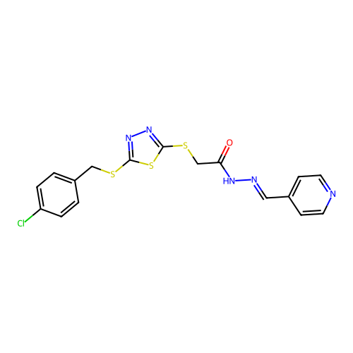 (E)-2-((5-((4-chlorobenzyl)thio)-1,3,4-thiadiazol-2-yl)thio)-N'-(pyridin-4-ylmethylene)acetohydrazide structure
