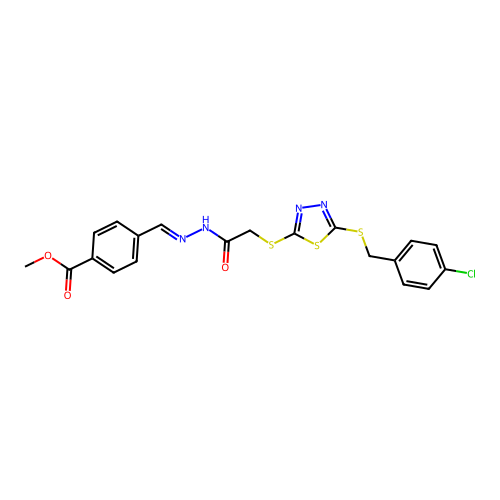 methyl 4-[(E)-{2-[({5-[(4-chlorobenzyl)sulfanyl]-1,3,4-thiadiazol-2-yl}sulfanyl)acetyl]hydrazinylidene}methyl]benzoate structure