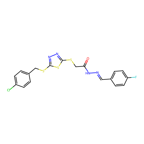 2-({5-[(4-chlorobenzyl)sulfanyl]-1,3,4-thiadiazol-2-yl}sulfanyl)-N'-[(E)-(4-fluorophenyl)methylidene]acetohydrazide structure