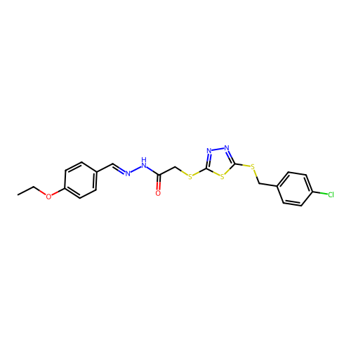2-({5-[(4-chlorobenzyl)sulfanyl]-1,3,4-thiadiazol-2-yl}sulfanyl)-N'-[(E)-(4-ethoxyphenyl)methylidene]acetohydrazide structure