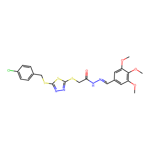 2-({5-[(4-chlorobenzyl)sulfanyl]-1,3,4-thiadiazol-2-yl}sulfanyl)-N'-[(E)-(3,4,5-trimethoxyphenyl)methylidene]acetohydrazide structure