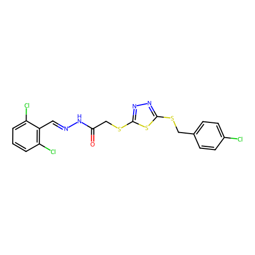 2-({5-[(4-chlorobenzyl)sulfanyl]-1,3,4-thiadiazol-2-yl}sulfanyl)-N'-[(E)-(2,6-dichlorophenyl)methylidene]acetohydrazide structure