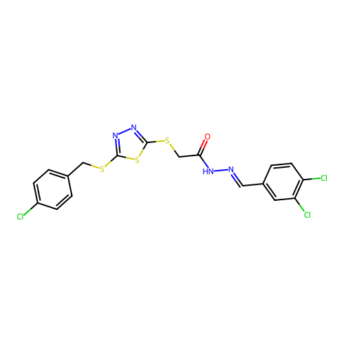 (E)-2-((5-((4-chlorobenzyl)thio)-1,3,4-thiadiazol-2-yl)thio)-N'-(3,4-dichlorobenzylidene)acetohydrazide structure