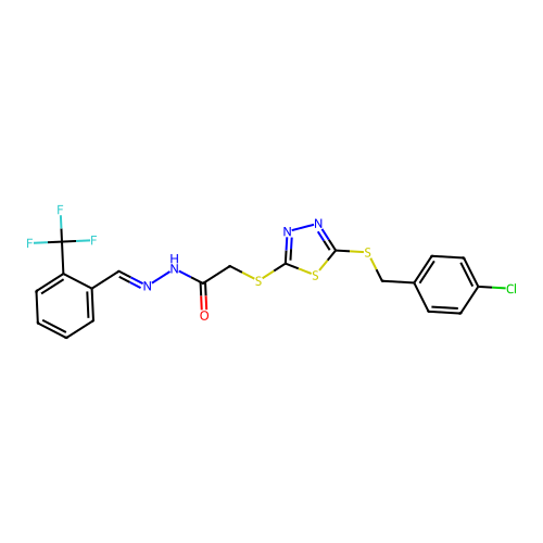2-({5-[(4-chlorobenzyl)sulfanyl]-1,3,4-thiadiazol-2-yl}sulfanyl)-N'-{(E)-[2-(trifluoromethyl)phenyl]methylidene}acetohydrazide structure