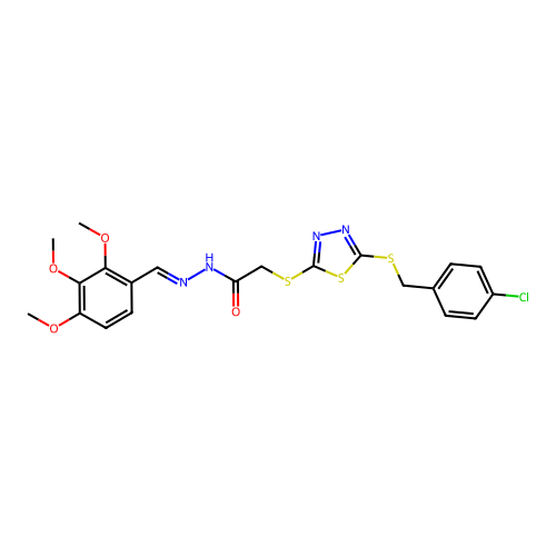 2-({5-[(4-chlorobenzyl)sulfanyl]-1,3,4-thiadiazol-2-yl}sulfanyl)-N'-[(E)-(2,3,4-trimethoxyphenyl)methylidene]acetohydrazide structure