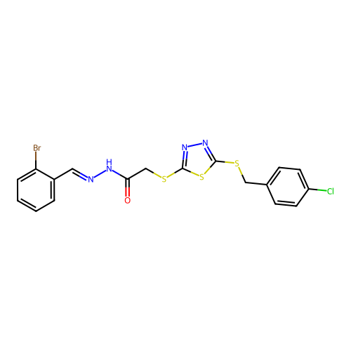 N'-[(E)-(2-bromophenyl)methylidene]-2-({5-[(4-chlorobenzyl)sulfanyl]-1,3,4-thiadiazol-2-yl}sulfanyl)acetohydrazide structure