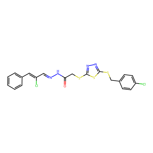 2-({5-[(4-chlorobenzyl)sulfanyl]-1,3,4-thiadiazol-2-yl}sulfanyl)-N'-[(1E,2Z)-2-chloro-3-phenylprop-2-en-1-ylidene]acetohydrazide structure