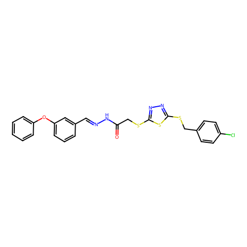 2-({5-[(4-chlorobenzyl)sulfanyl]-1,3,4-thiadiazol-2-yl}sulfanyl)-N'-[(E)-(3-phenoxyphenyl)methylidene]acetohydrazide structure