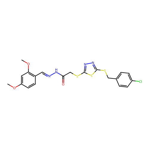 2-({5-[(4-chlorobenzyl)sulfanyl]-1,3,4-thiadiazol-2-yl}sulfanyl)-N'-[(E)-(2,4-dimethoxyphenyl)methylidene]acetohydrazide structure