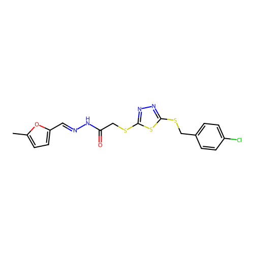 2-({5-[(4-chlorobenzyl)sulfanyl]-1,3,4-thiadiazol-2-yl}sulfanyl)-N'-[(E)-(5-methylfuran-2-yl)methylidene]acetohydrazide structure