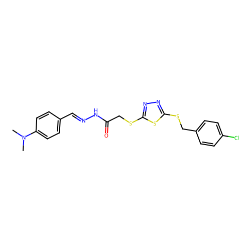 2-({5-[(4-chlorobenzyl)sulfanyl]-1,3,4-thiadiazol-2-yl}sulfanyl)-N'-{(E)-[4-(dimethylamino)phenyl]methylidene}acetohydrazide structure