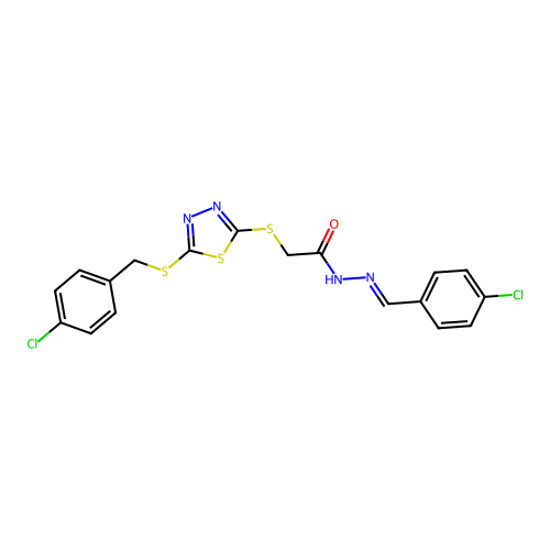 2-({5-[(4-chlorobenzyl)sulfanyl]-1,3,4-thiadiazol-2-yl}sulfanyl)-N'-[(E)-(4-chlorophenyl)methylidene]acetohydrazide structure