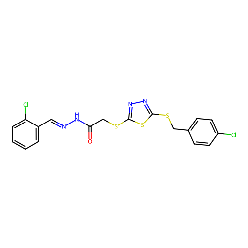 2-({5-[(4-chlorobenzyl)sulfanyl]-1,3,4-thiadiazol-2-yl}sulfanyl)-N'-[(E)-(2-chlorophenyl)methylidene]acetohydrazide structure