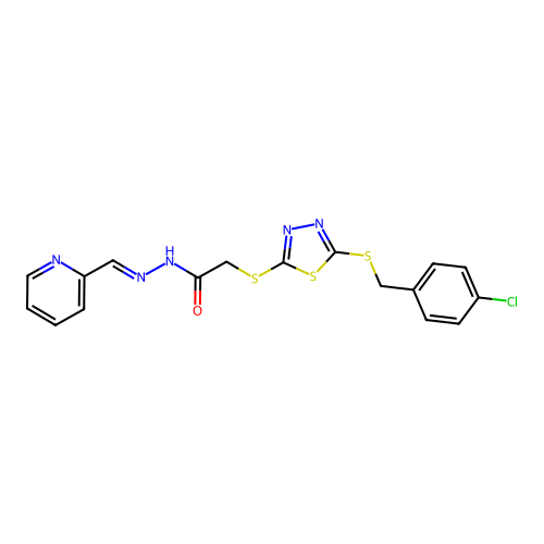 (E)-2-((5-((4-chlorobenzyl)thio)-1,3,4-thiadiazol-2-yl)thio)-N'-(pyridin-2-ylmethylene)acetohydrazide structure