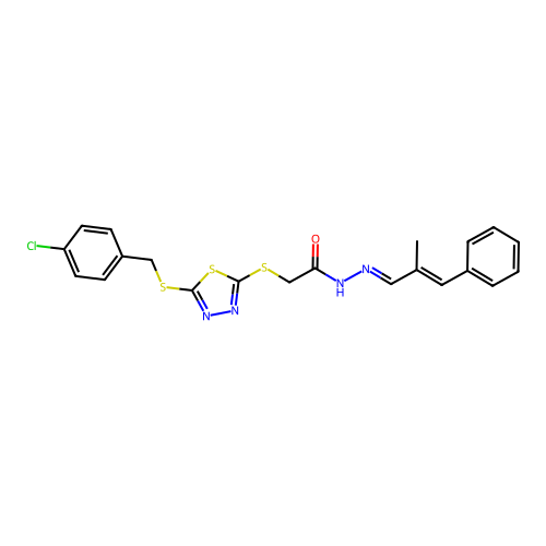 2-({5-[(4-chlorobenzyl)sulfanyl]-1,3,4-thiadiazol-2-yl}sulfanyl)-N'-[(1E,2E)-2-methyl-3-phenylprop-2-en-1-ylidene]acetohydrazide structure